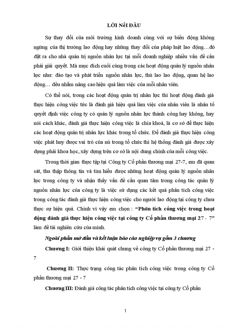 Phân tích công việc trong hoạt động đánh giá thực hiện công việc tại công ty Cổ phần thương mại 27 7 1