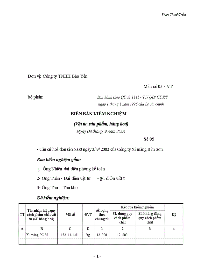 image for page Hạch toán kế toán vật liệu tại Công ty TNHH Bảo Yến 1