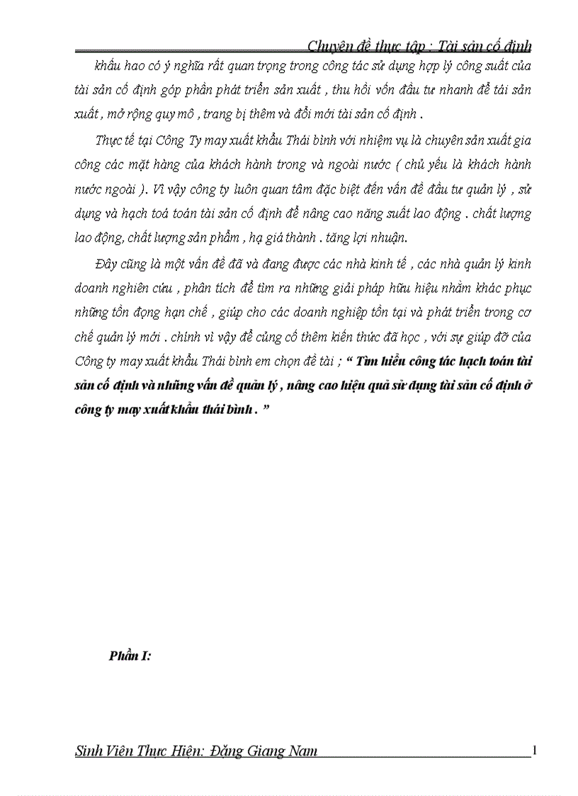 Tìm hiểu công tác hạch toán tài sản cố định và những vấn đề quản lý nâng cao hiệu quả sử dụng tài sản cố định ở công ty may xuất khẩu thái bình