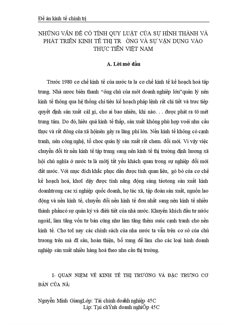 những vấn đề có tính quy luật của sự hình thành và phát triển kinh tế thị trờng và sự vận dụng vào thực tiễn Việt Nam