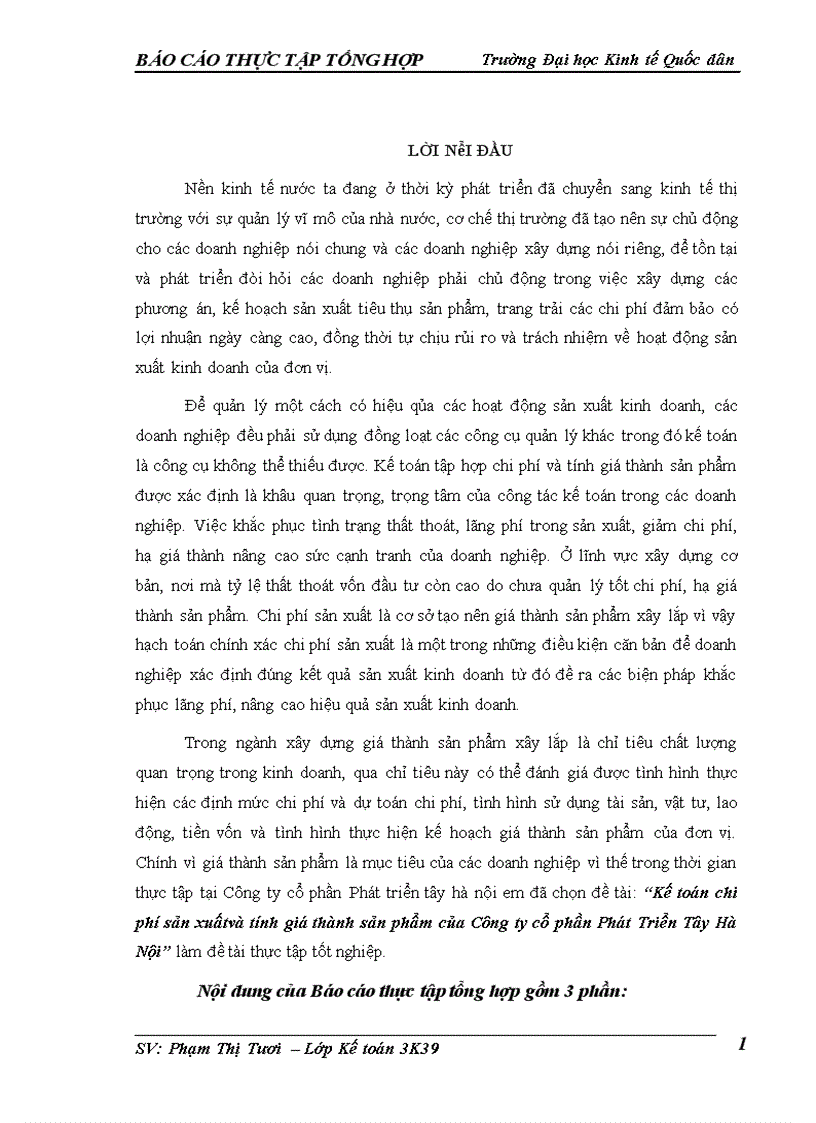 image for page Kế toán chi phí sản xuất và tính giá thành sản phẩm của Công ty cổ phần Phát Triển Tây Hà Nội