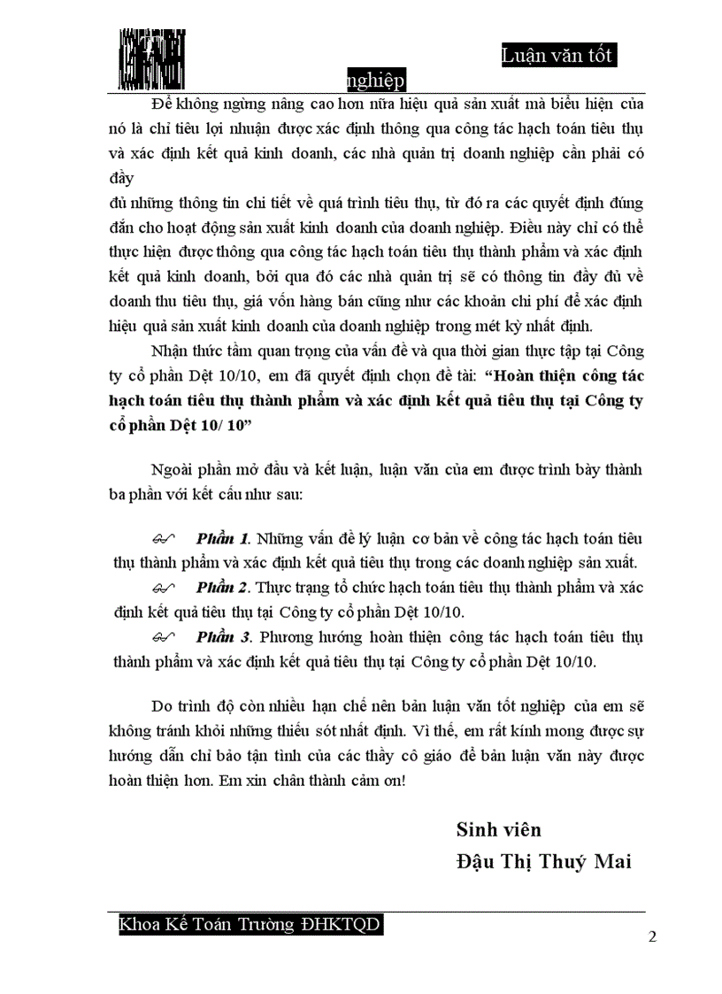 image for page Hoàn thiện công tác hạch toán tiêu thụ thành phẩm và xác định kết quả tiêu thụ tại Công ty cổ phần Dệt 10 10