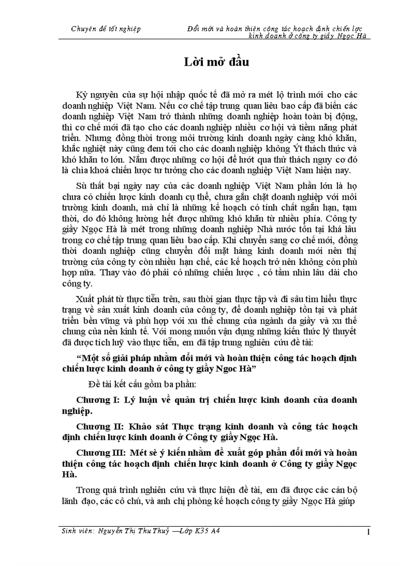 Một số giải pháp nhằm đổi mới và hoàn thiện công tác hoạch định chiến lược kinh doanh ở công ty giầy Ngoc Hà