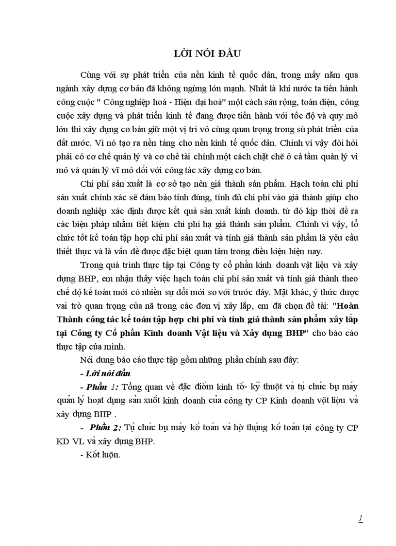 image for page Hoàn Thành công tác kế toán tập hợp chi phí và tính giá thành sản phẩm xây lắp tại Công ty Cổ phần Kinh doanh Vật liệu và Xây dựng BHP 1