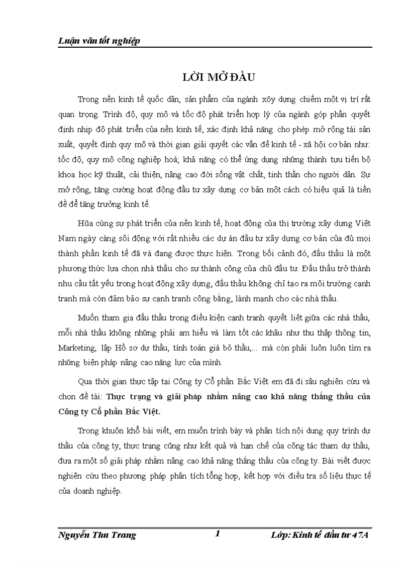 Thực trạng và giải pháp nhằm nâng cao khả năng thắng thầu của Công ty Cổ phần Bắc Việt 1