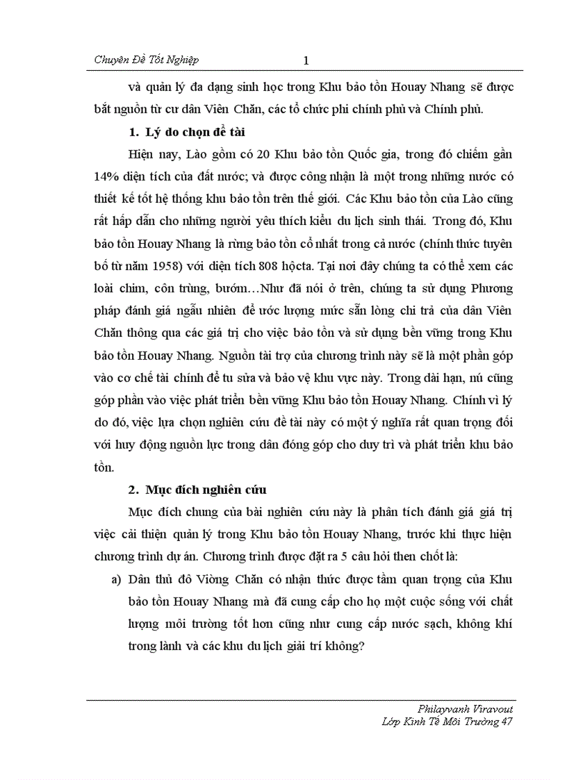 image for page Sử dụng phương pháp đánh giá ngẫu nhiên CVM để xác định sẵn lòng chi trả WTP của người dân ở Viên Chăn cho việc bảo tồn đa dạng sinh học và sử dụng bền vững trong Khu bảo tồn Houay Nhang tại thủ đô Viên Chăn Lào 1