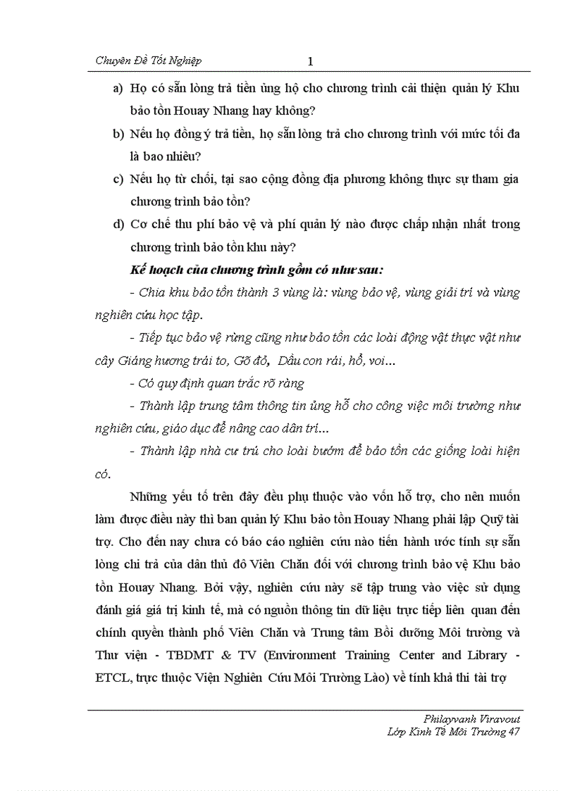 image for page Sử dụng phương pháp đánh giá ngẫu nhiên CVM để xác định sẵn lòng chi trả WTP của người dân ở Viên Chăn cho việc bảo tồn đa dạng sinh học và sử dụng bền vững trong Khu bảo tồn Houay Nhang tại thủ đô Viên Chăn Lào 1