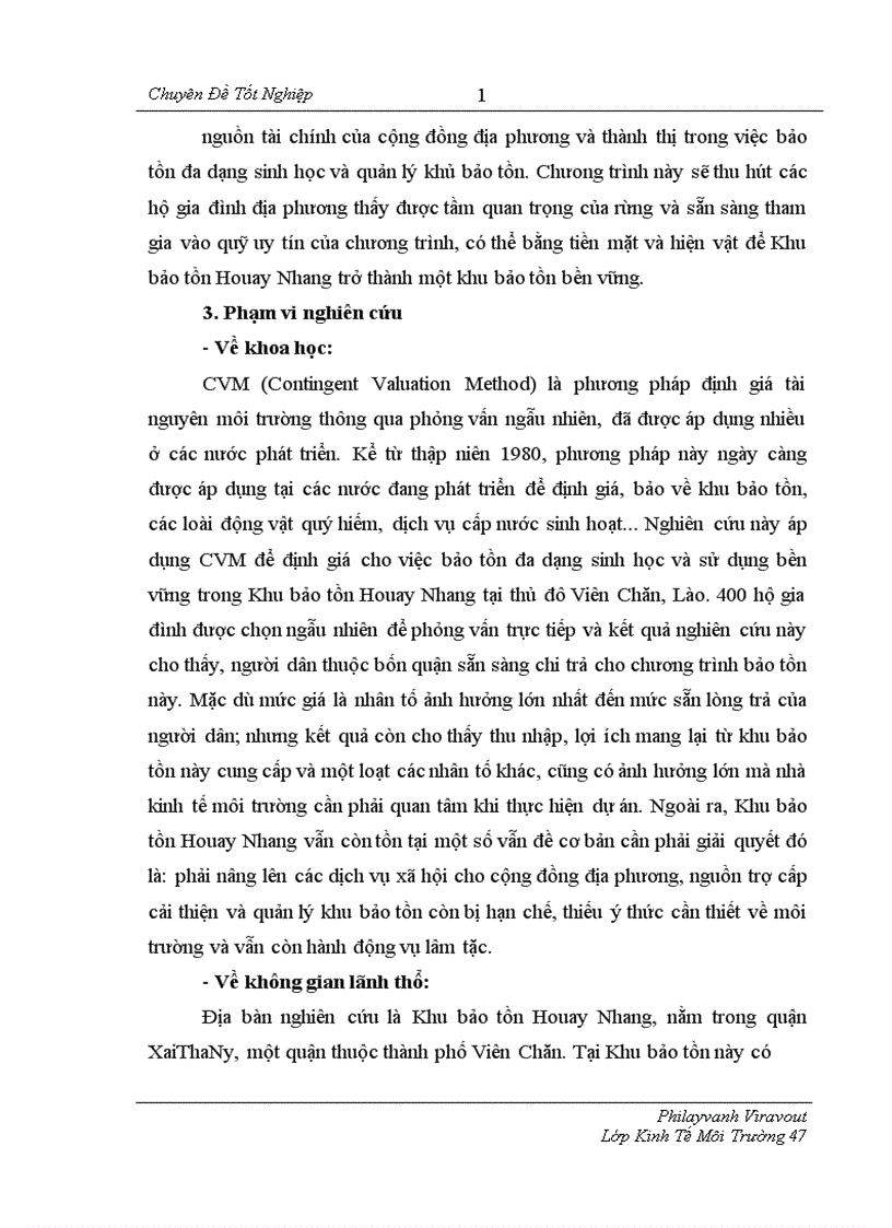 image for page Sử dụng phương pháp đánh giá ngẫu nhiên CVM để xác định sẵn lòng chi trả WTP của người dân ở Viên Chăn cho việc bảo tồn đa dạng sinh học và sử dụng bền vững trong Khu bảo tồn Houay Nhang tại thủ đô Viên Chăn Lào 1