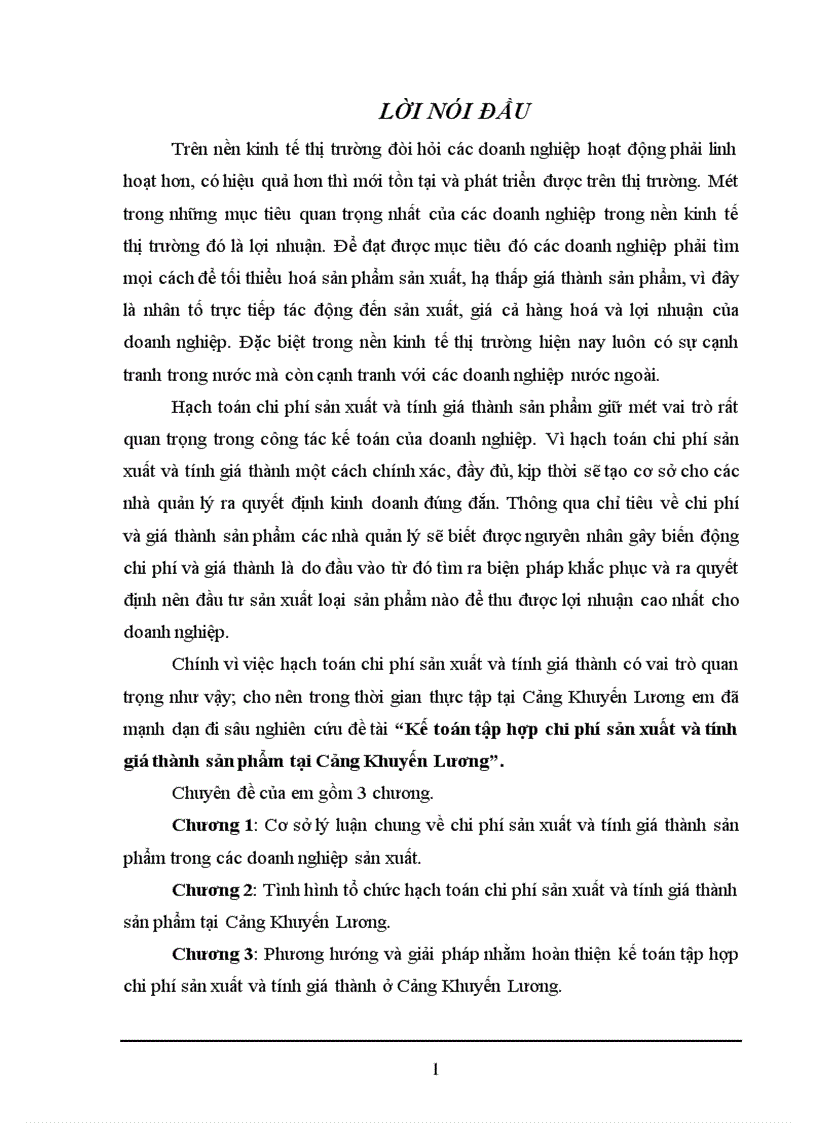 Kế toán tập hợp chi phí sản xuất và tính giá thành sản phẩm tại Cảng Khuyến Lương 1