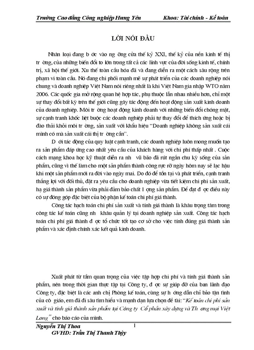 Kế toán chi phí sản xuất và tính giá thành sản phẩm tại Công ty Cổ phần xây dựng và Thương mại Việt Long 1