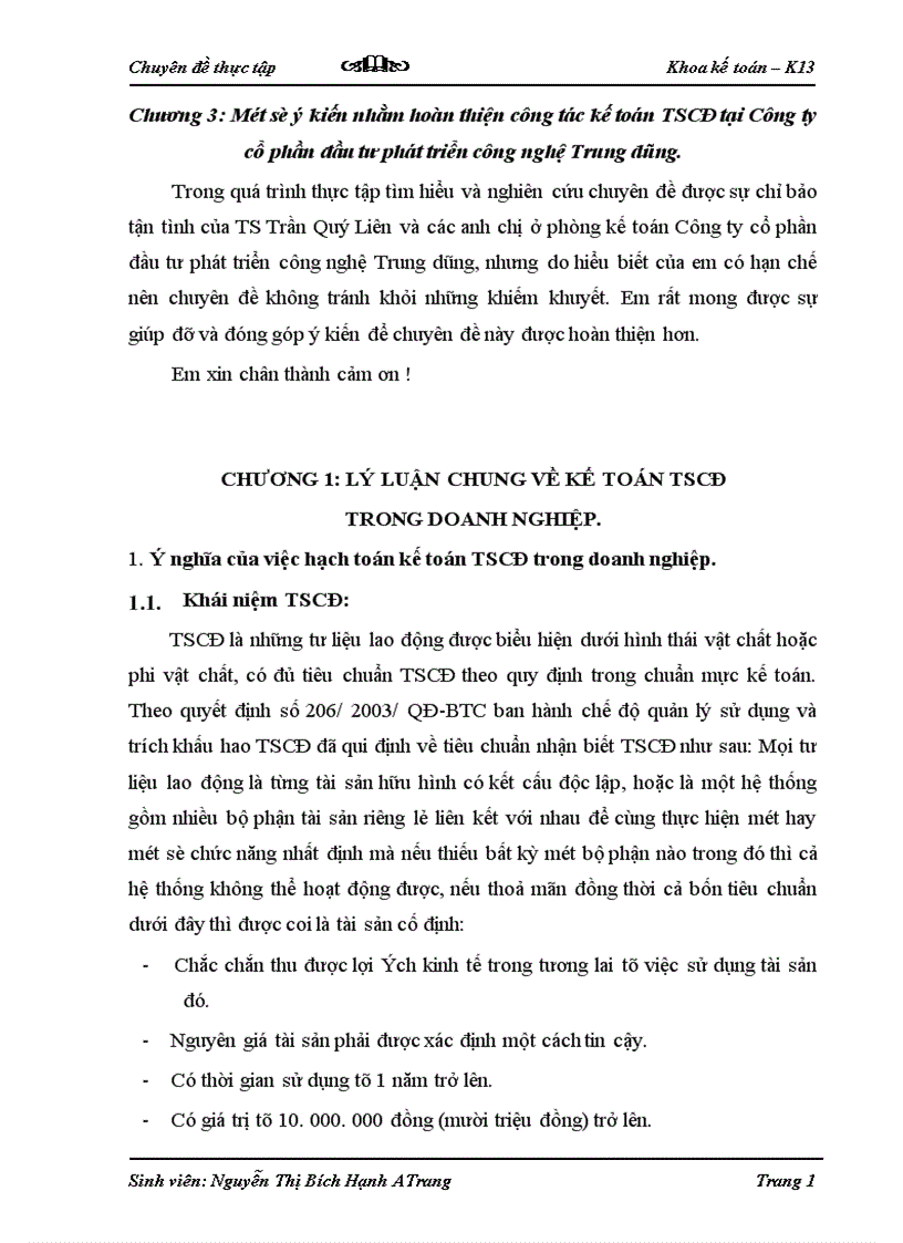 Hoàn thiện kế toán tscđ tại công ty cổ phần đầu tư phát triển công nghệ trung Dũng 1