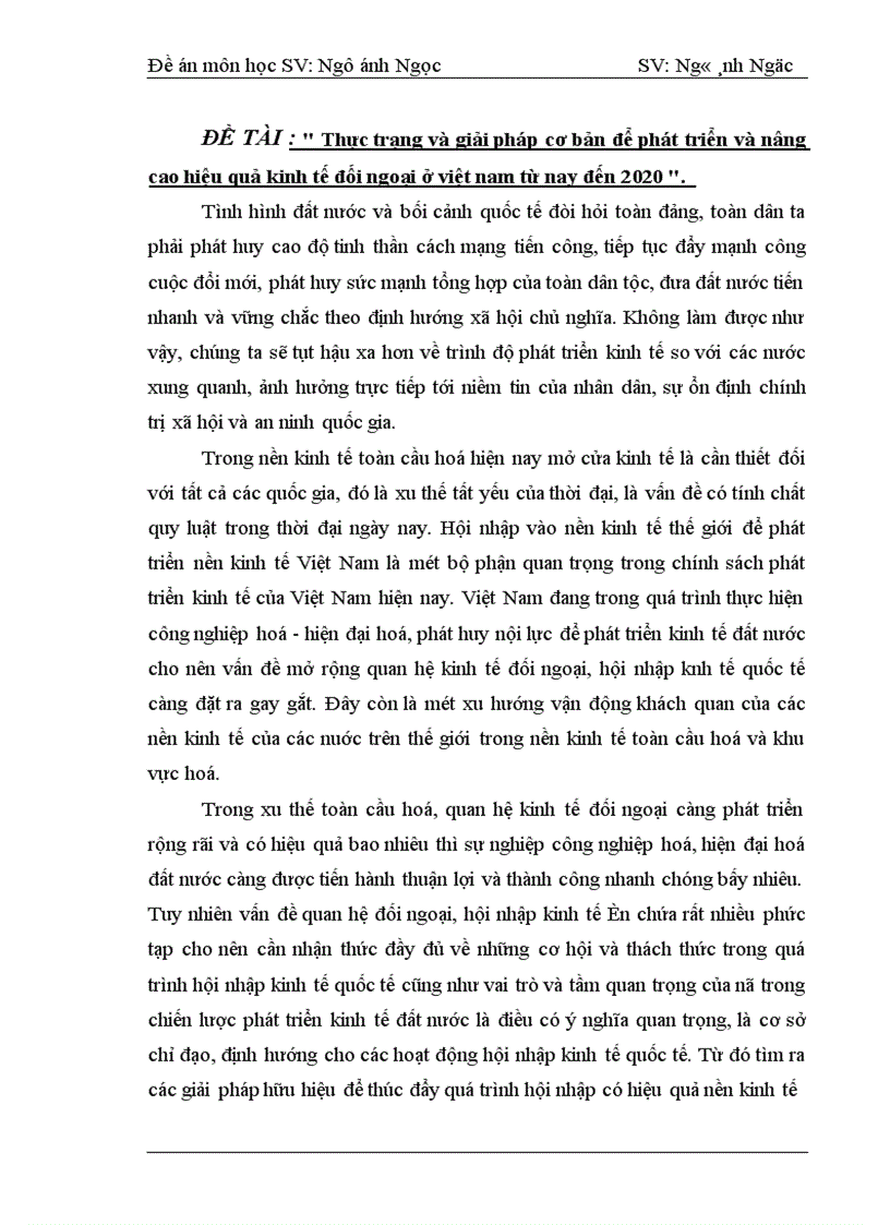 Thực trạng và giải pháp cơ bản để phát triển và nâng cao hiệu quả kinh tế đối ngoại ở việt nam từ nay đến 2020 1