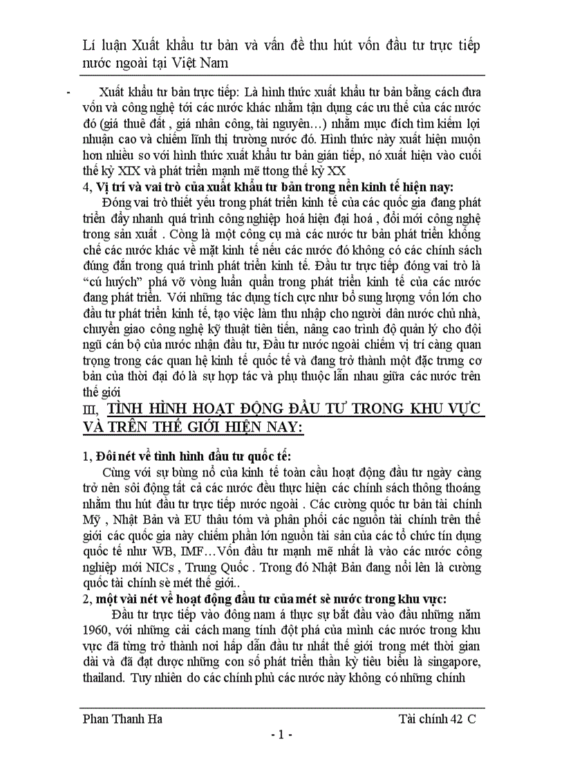 Lí luận xuất khẩu tư bản và vấn đề thu hút vốn đầu tư trực tiếp nước ngoài ở Việt Nam