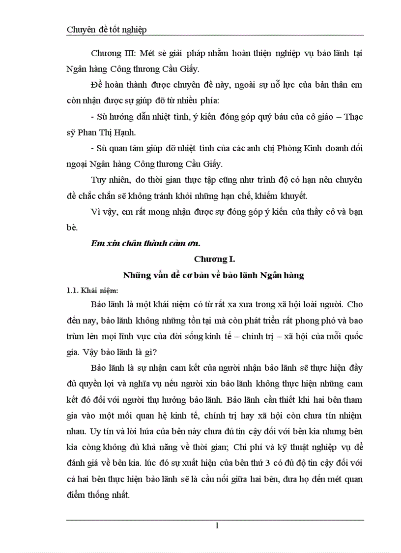 Một số giải pháp nhằm hoàn thiện nghiệp vụ bảo lãnh tại Ngân hàng Công thương Cầu Giấy