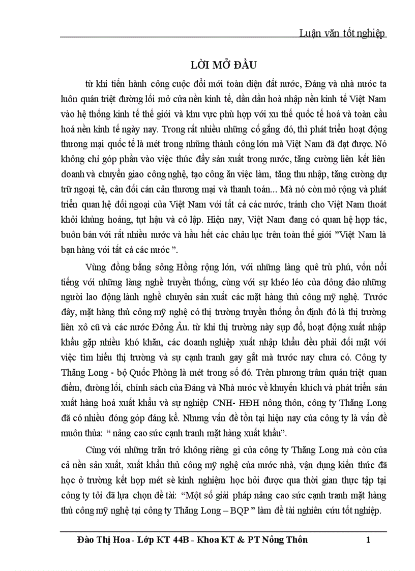 Một số giải pháp nâng cao sức cạnh tranh mặt hàng thủ công mỹ nghệ tại công ty Thăng Long BQP 1