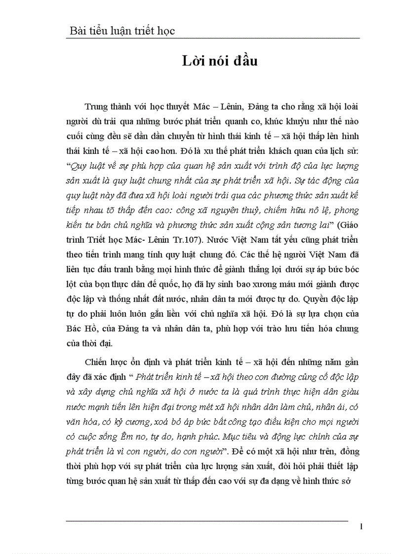 Vận dụng lý luận của lực lượng sản xuất và quan hệ sản xuất để phân tích quá trình công nghiệp hoá hiện đại hoá nền kinh tế ở Việt Nam 1