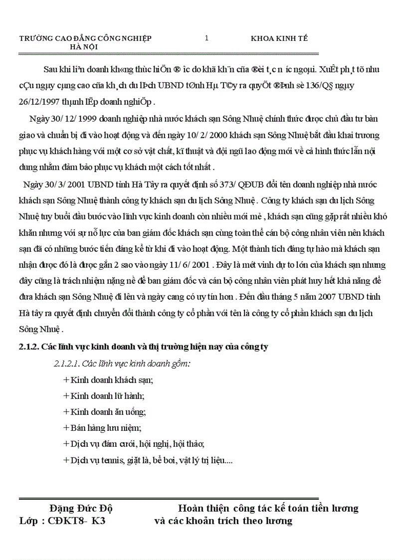 image for page Hoàn thiện công tác kế toán tiền lương và các khoản trích theo lương tập tại Công ty Cổ Phần khách sạn Du Lịch Sông Nhuệ 1
