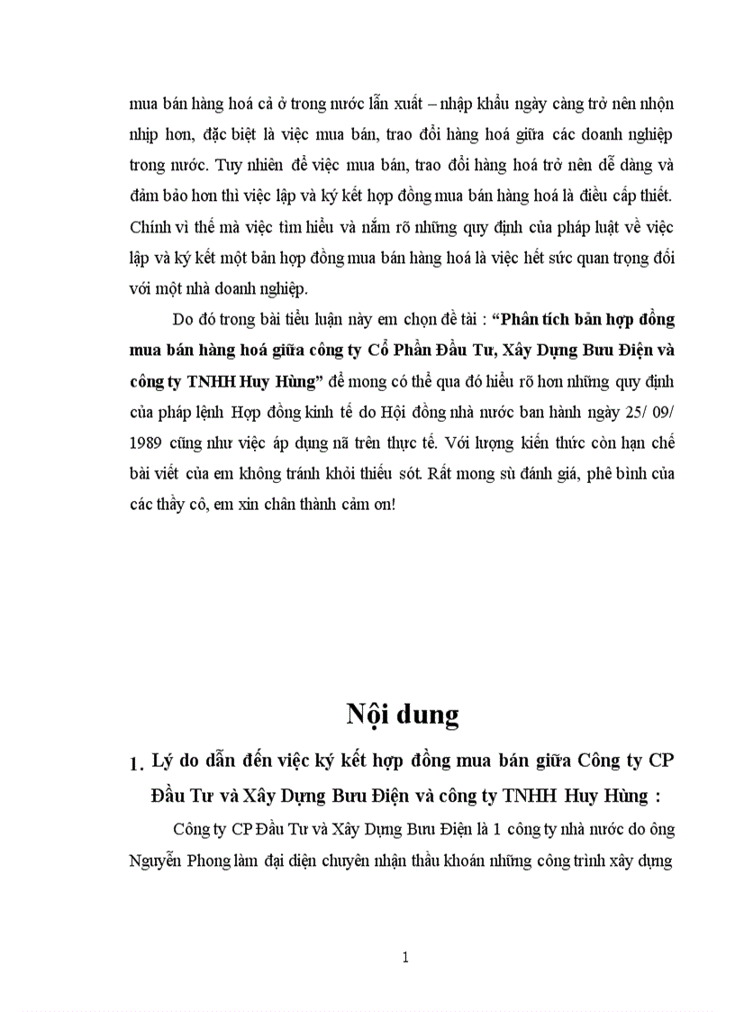 Phân tích bản hợp đồng mua bán hàng hoá giữa công ty Cổ Phần Đầu Tư Xây Dựng Bưu Điện và công ty TNHH Huy Hùng 1