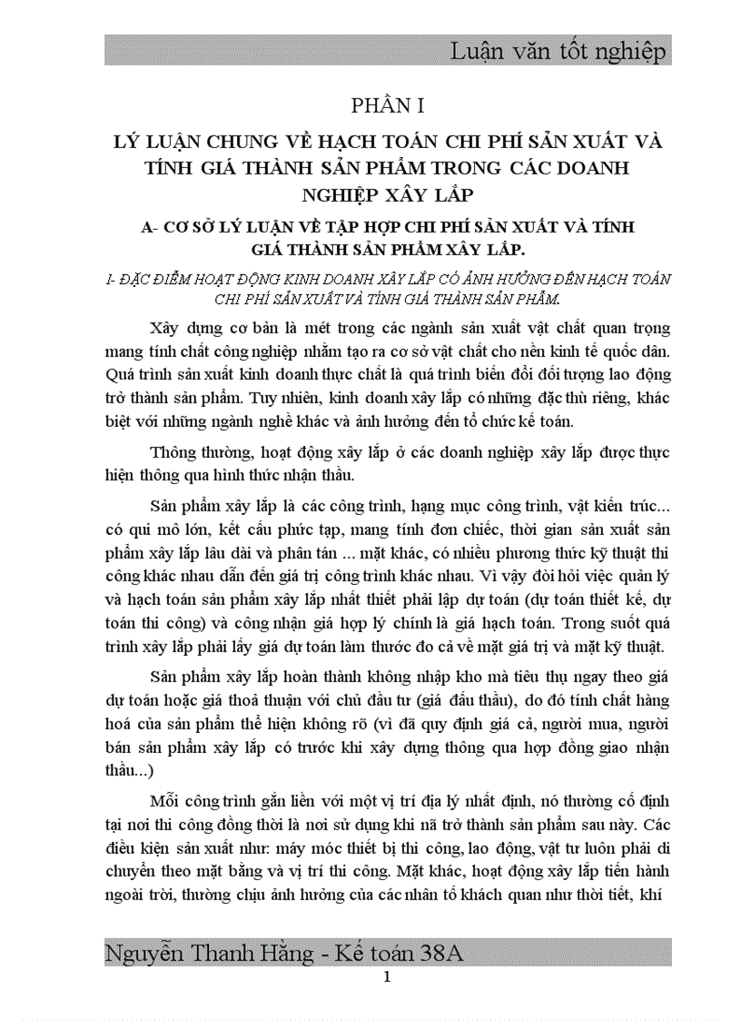 Hạch toán chi phí sản xuất và tính giá thành sản phẩm xây lắp với việc tăng cường quản trị doanh nghiệp tại xí nghiệp Xây Lắp Điện Công Ty Điện Lực I 1