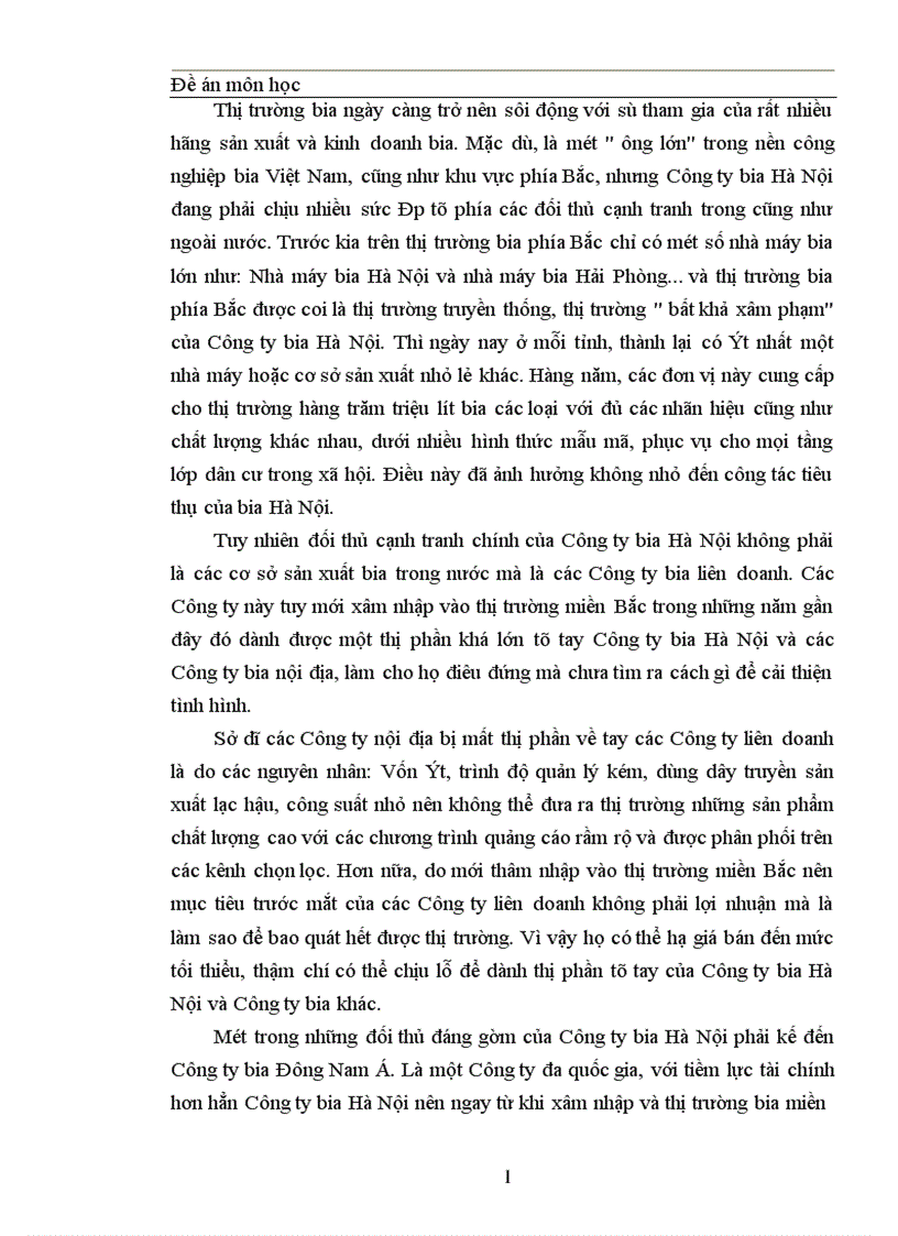 Thực trạng về cạnh tranh trên thị trường BIA tại Miền Bắc và một số giải pháp trong cạnh tranh của công ty Bia Hà Nội 1
