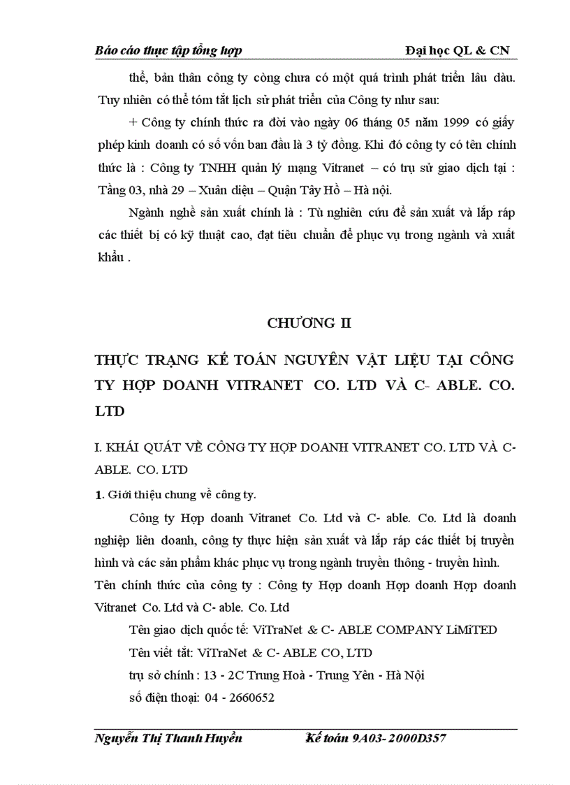 Hoàn thiện kế toán nguyên vật liệu tại Công ty Hợp doanh Vitranet Co Ltd và C able Co Ltd 1