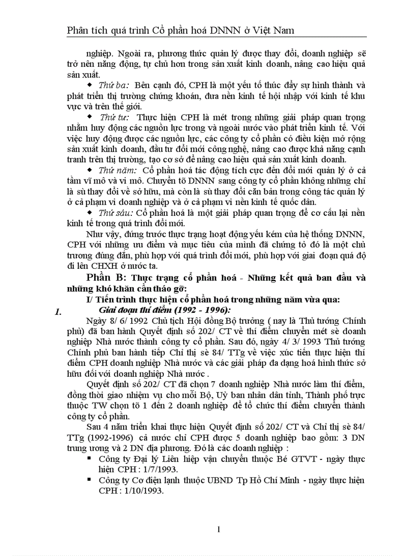 Phân tích quá trình Cổ phần hoá DNNN ở Việt Nam 1
