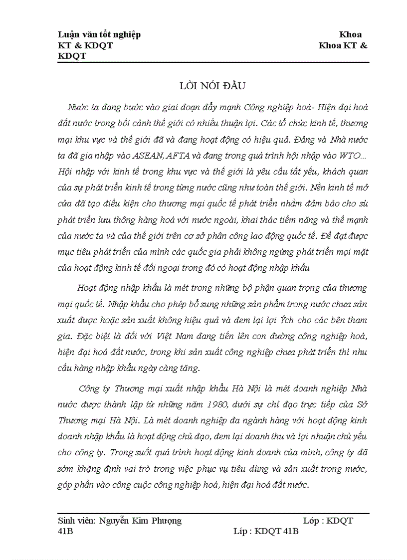 Thực trạng và giải pháp nhằm hoàn thiện hoạt động nhập khẩu tại Công ty Thương mại Xuất nhập khẩu Hà Nội