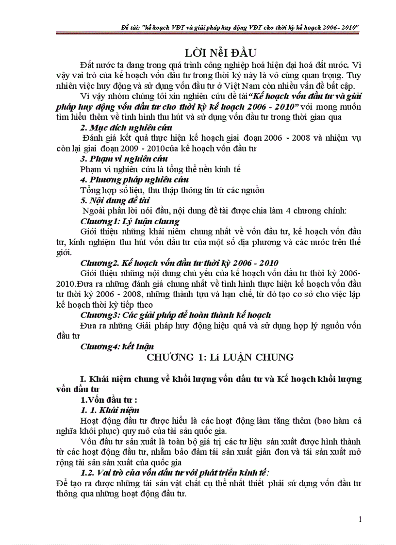 Kế hoạch vốn đầu tư và giải pháp huy động vốn đầu tư cho thời kỳ kế hoạch 2006 2010