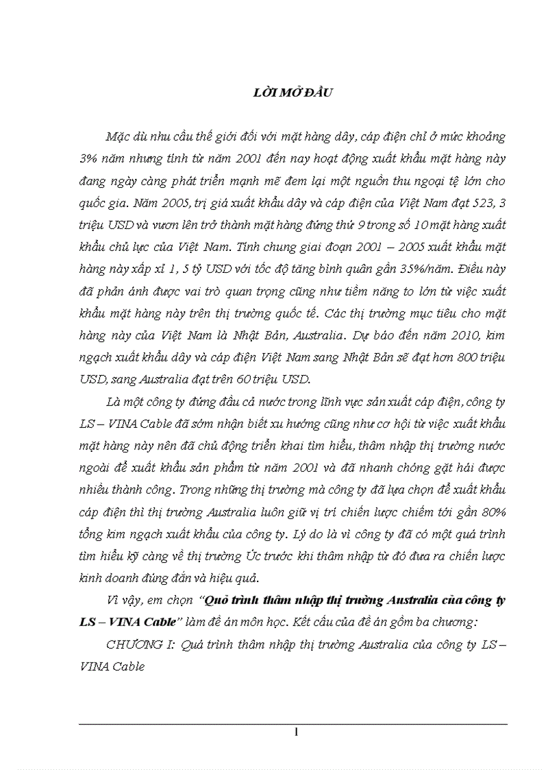 Quá trình thâm nhập thị trường Australia của công ty liên doanh cáp điện LS VINA