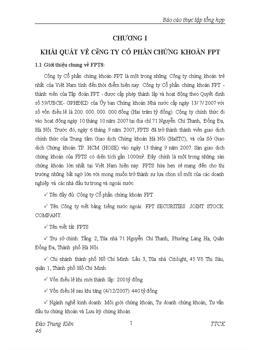 Báo cáo thực tập tổng hợp tại Công ty Cổ phần chứng khoán FPT