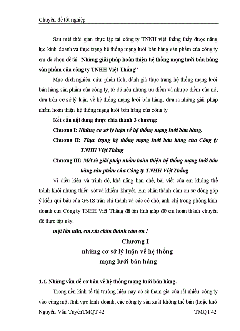 Những giải pháp hoàn thiện hệ thống mạng lưới bán hàng sản phẩm của công ty TNHH Việt Thắng 1