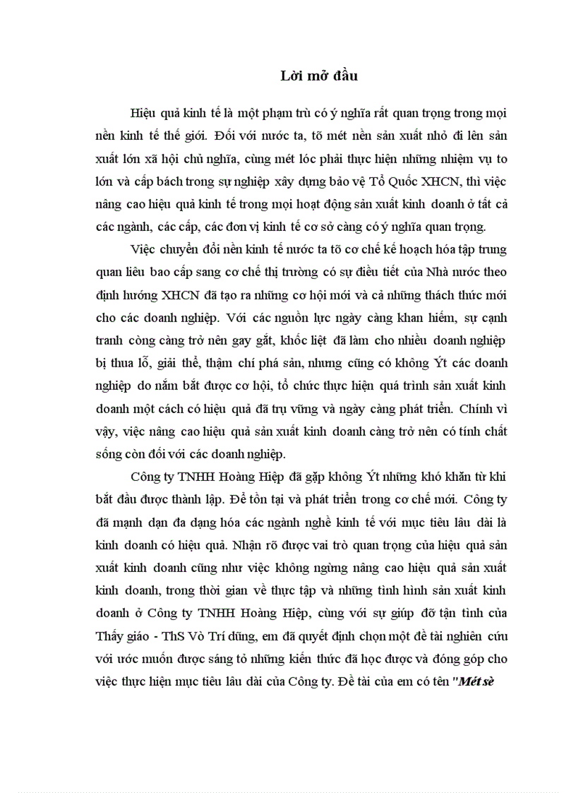 Một số biện pháp cơ bản nhằm nâng cao hiệu quả sản xuất kinh doanh ở Công ty TNHH Hoàng Hiệp 1