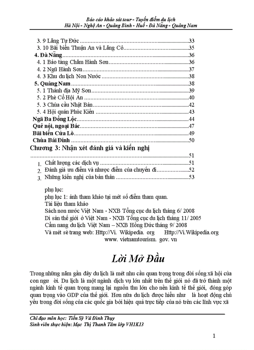 Báo cáo khảo sát tour Tuyến điểm du lịch Hà Nội Nghệ An Quảng Bình Huế Đà Nẵng Quảng Nam 1