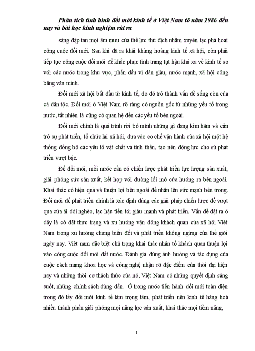 Phân tích tình hình đổi mới kinh tế ở Việt Nam từ năm đến nay và bài học kinh nghiệm rút ra 1