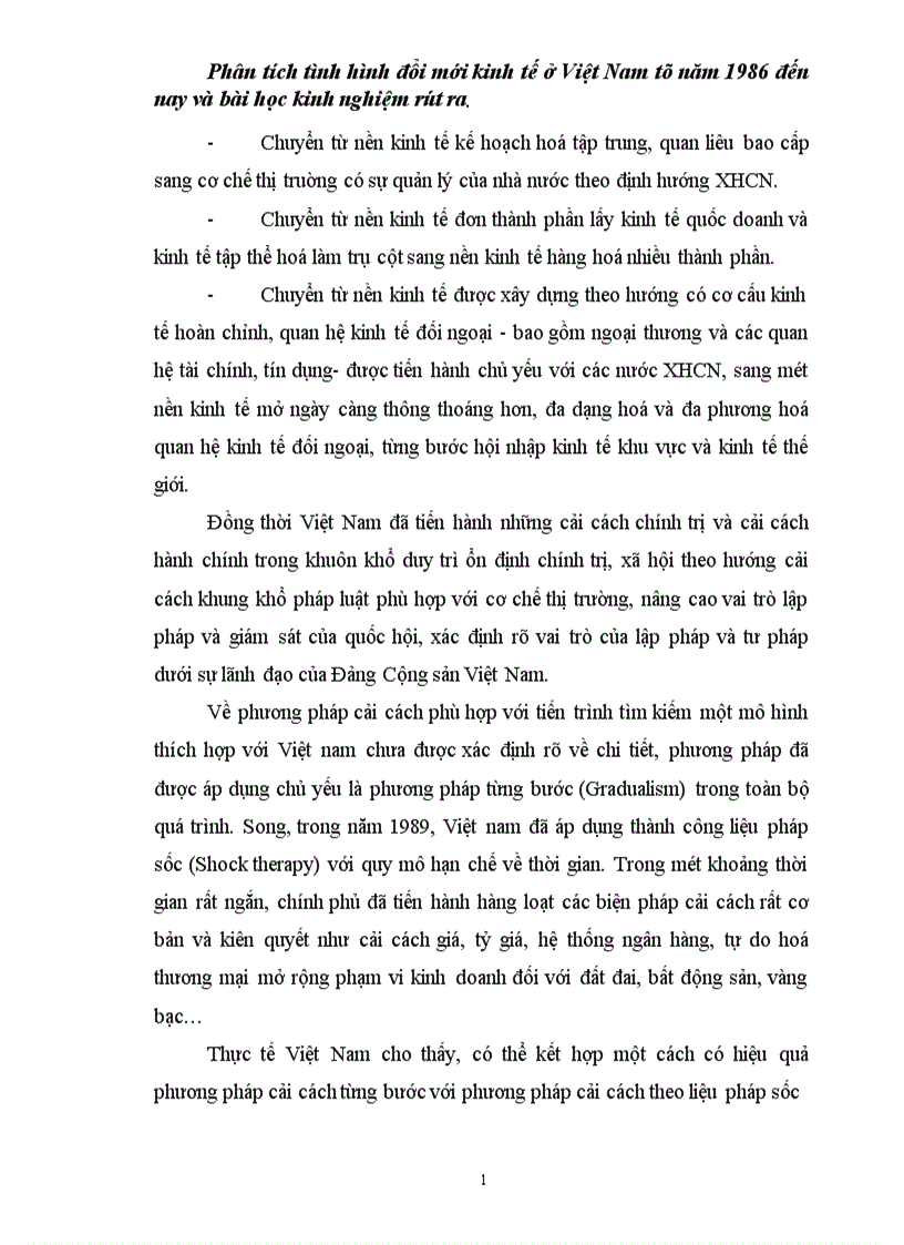 Phân tích tình hình đổi mới kinh tế ở Việt Nam từ năm đến nay và bài học kinh nghiệm rút ra 1