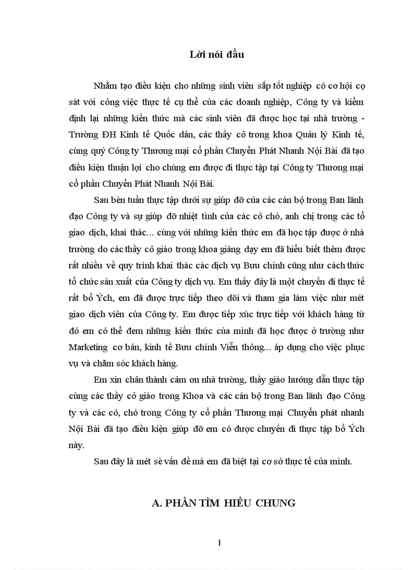 Báo cáo thực tập tổng hợp của công ty Thương mại Cổ phần Chuyển phát nhanh Nội Bài 1