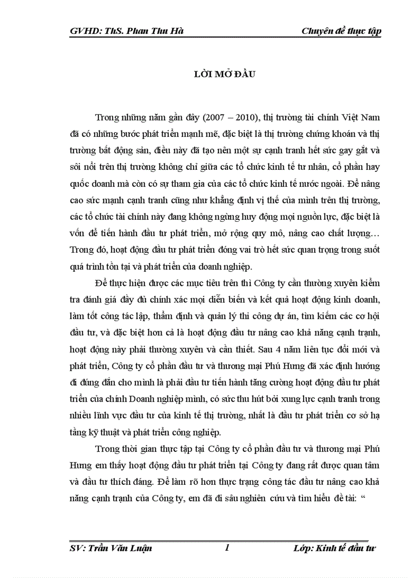 Đầu tư phát triển tại Công Ty Cổ Phần Đầu Tư Và Thương Mại Phú Hưng Thực trạng và giải pháp 1