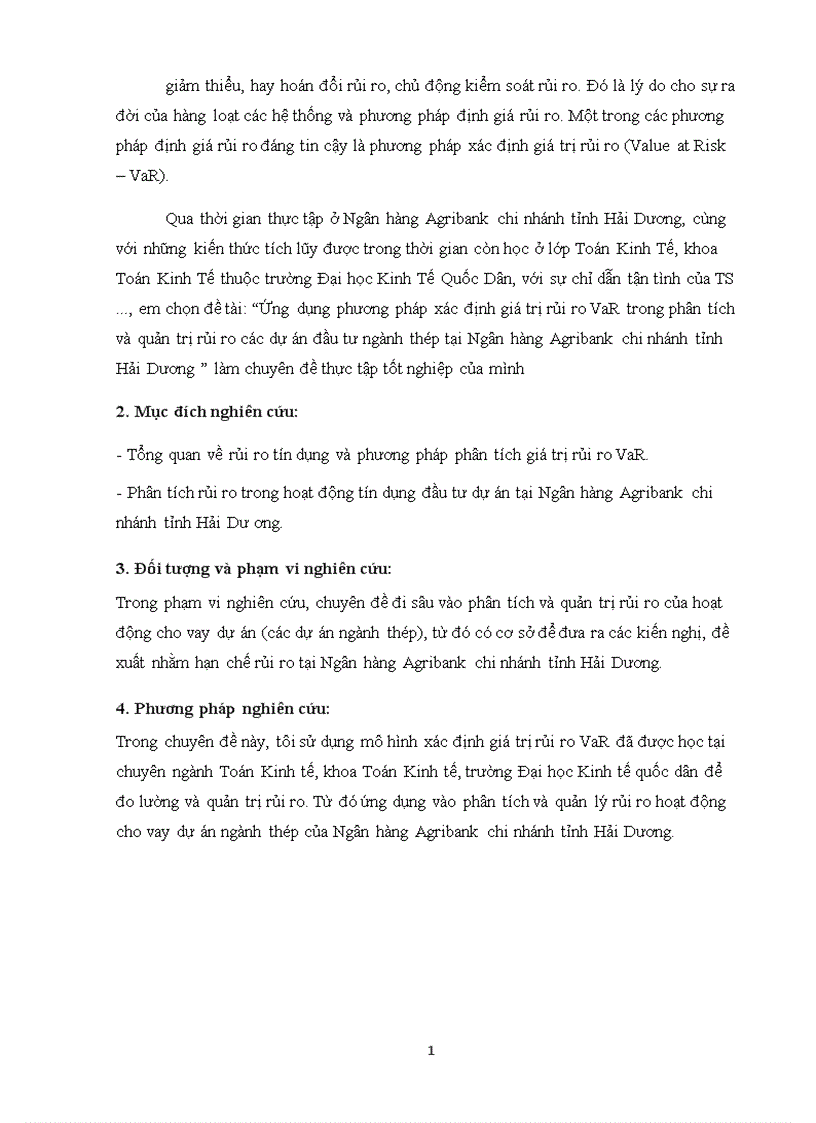 Ứng dụng phương pháp xác định giá trị rủi ro VaR trong phân tích và quản trị rủi ro các dự án đầu tư ngành thép tại Ngân hàng Agribank chi nhánh tỉnh Hải Dương
