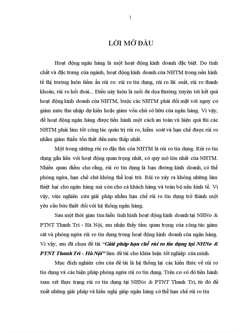 Giải pháp hạn chế rủi ro tín dụng tại NHNo PTNT Thanh Trì Hà Nội 1