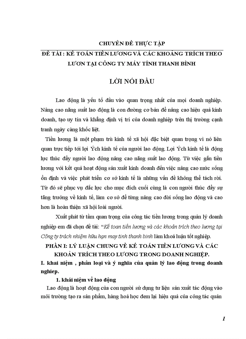 Kế toán tiền lương và các khoản trích theo lương tại Công ty trách nhiệm hữu hạn máy tinh Thanh Bình 1