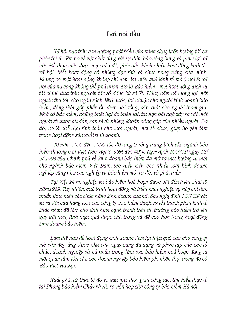 Một số giải pháp nhằm nâng cao hiệu quả kinh doanh nghiệp vụ bảo hiểm hoả hoạn tại công ty bảo hiểm Hà Nội 1