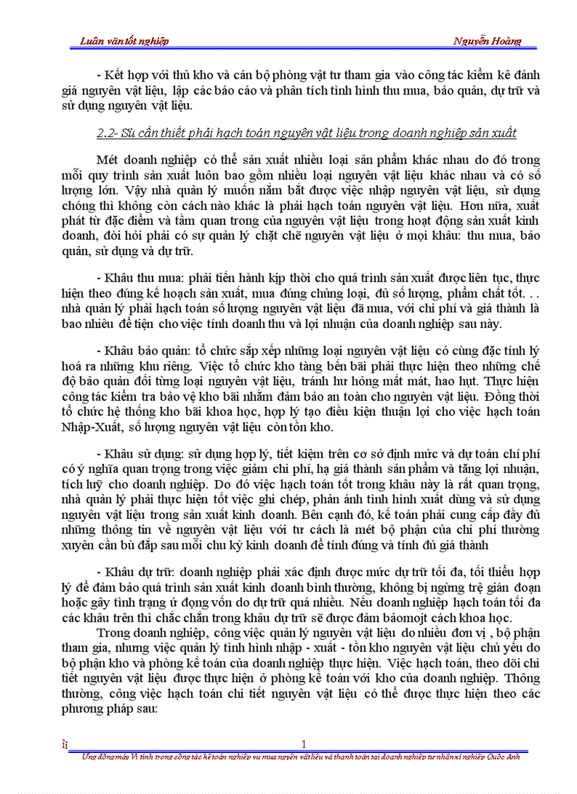 Ứng dụng máy vi tính trong công tác nghiệp vụ mua nguyên vật liệu và thanh toán tại doanh nghiệp tư nhân xí nghiệp Quốc Anh