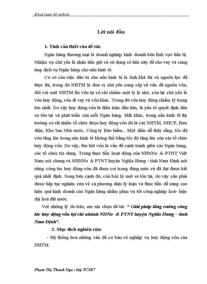 Giải pháp tăng cường công tác huy động vốn tại chi nhánh NHNo PTNT huyện Nghĩa Hưng tỉnh Nam Định