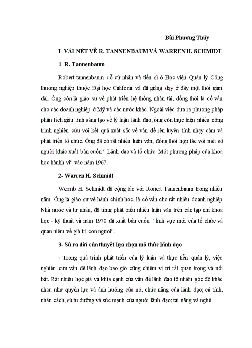 Phân tích thuyết lựa chọn mô thức lãnh đạo của R Rannenbum và Warren Schmidt và vận dụng vào doanh nghiệp Việt Nam