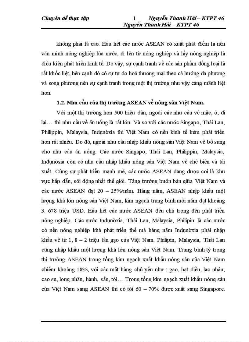 Thực trạng và giải pháp đẩy mạnh XK nông sản của công ty TNHH NN một thành viên XNK và đầu tư Hà Nội UNIMEX HANOI sang thị trường ASEAN
