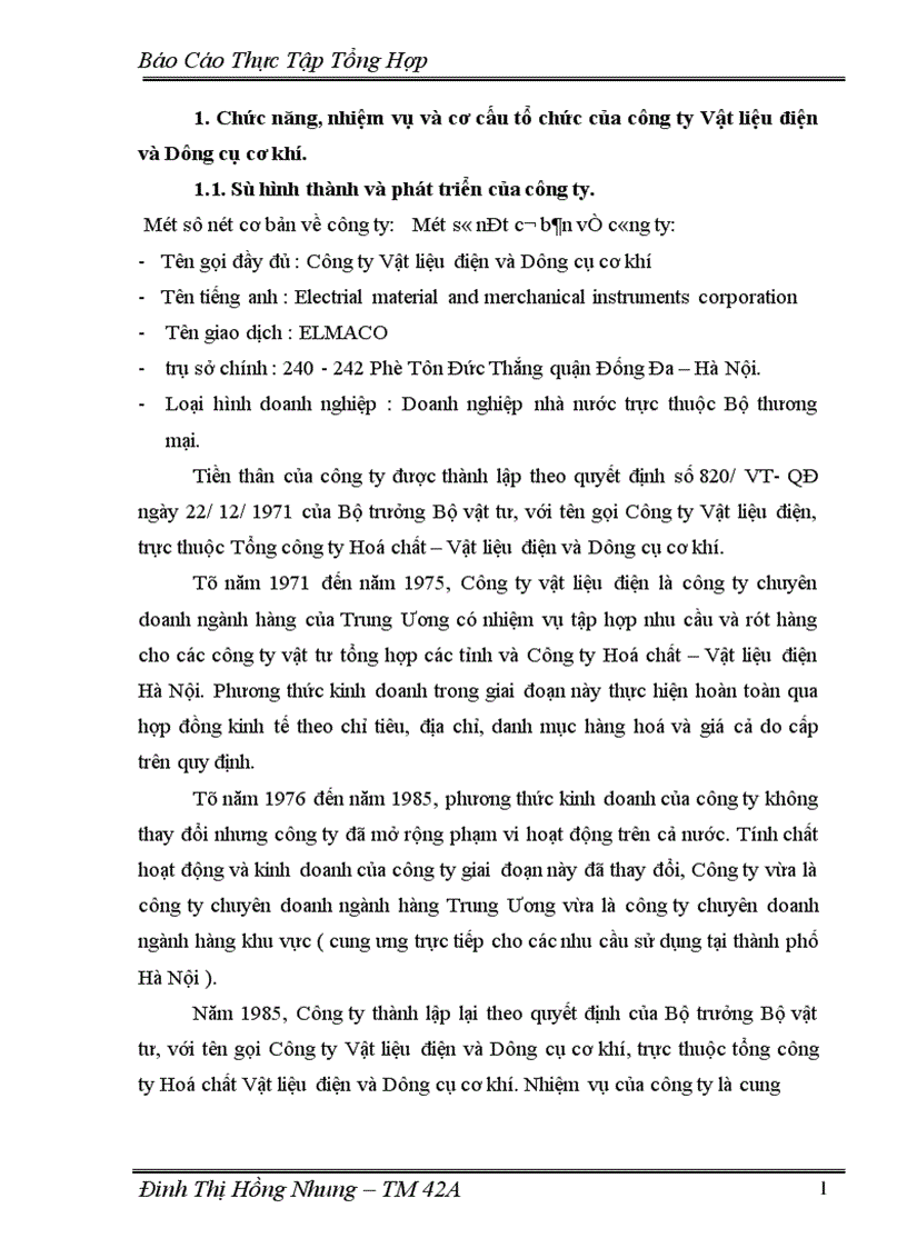 Thực Tập Tổng Hợp Công ty Vật liệu điện và Dụng cụ cơ khí
