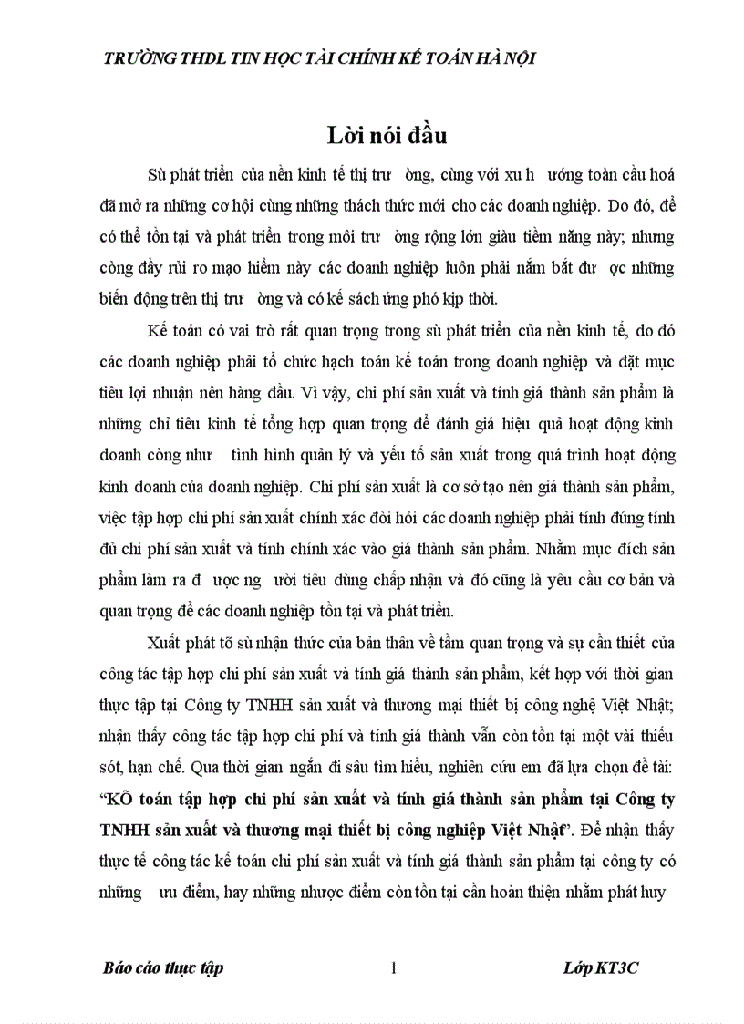 Kế toán tập hợp chi phí sản xuất và tính giá thành sản phẩm tại Công ty TNHH sản xuất và thương mại thiết bị công nghiệp Việt Nhật 1