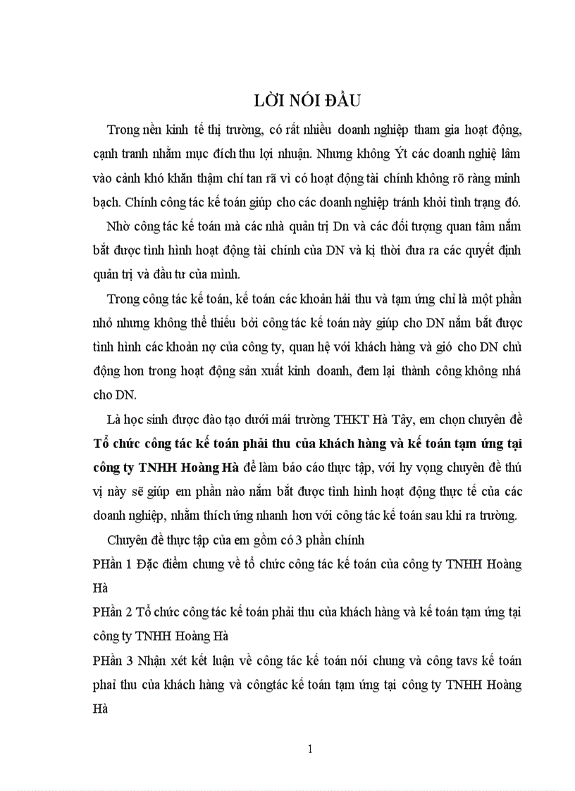Tổ chức công tác phải thu của khách hàng và kế toán tạm ứng ở công ty TNHH Hoàng Hà 1