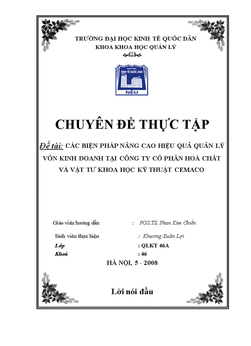 Các biện pháp nâng cao hiệu quả quản lý vốn kinh doanh tại Công ty cổ phần hoá chất và vật tư Khoa học kỹ thuật CEMACO 1