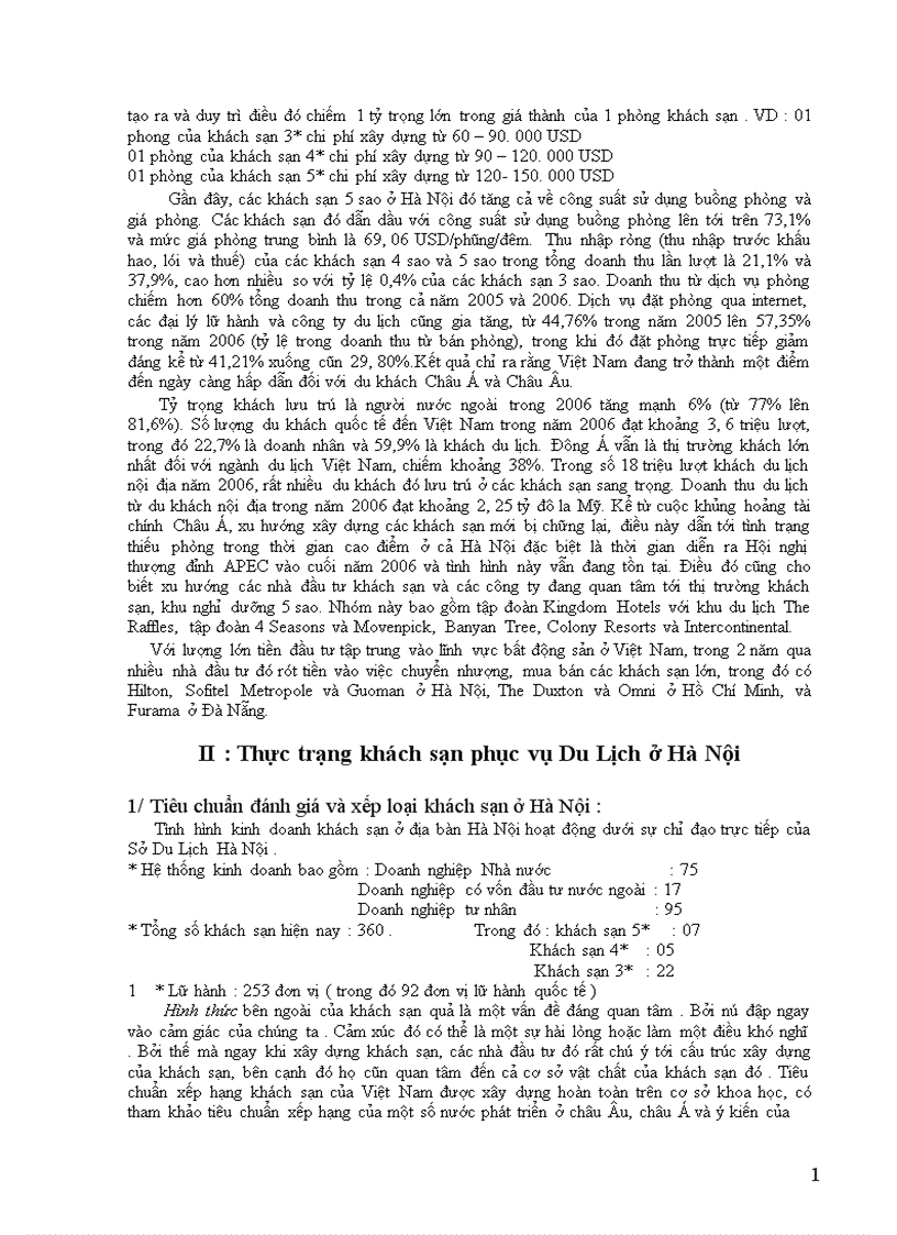 Thực trạng khách sạn phục vụ Du Lịch ở Hà Nội 1